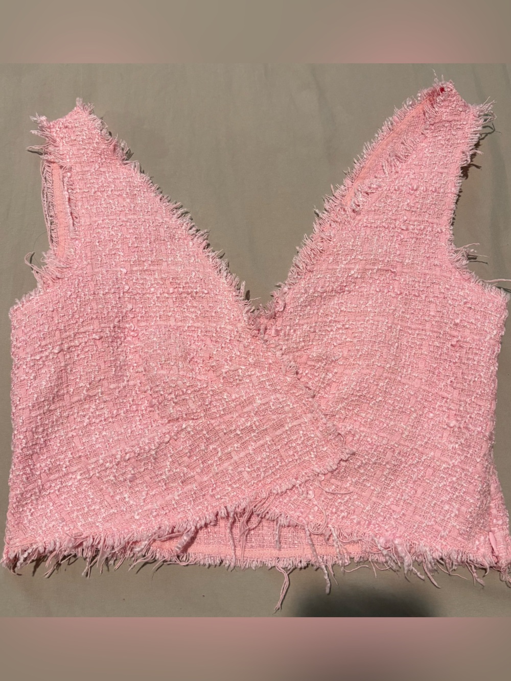 ZARA Textured Weave Frayed Hem Crop Top Blouse in pink